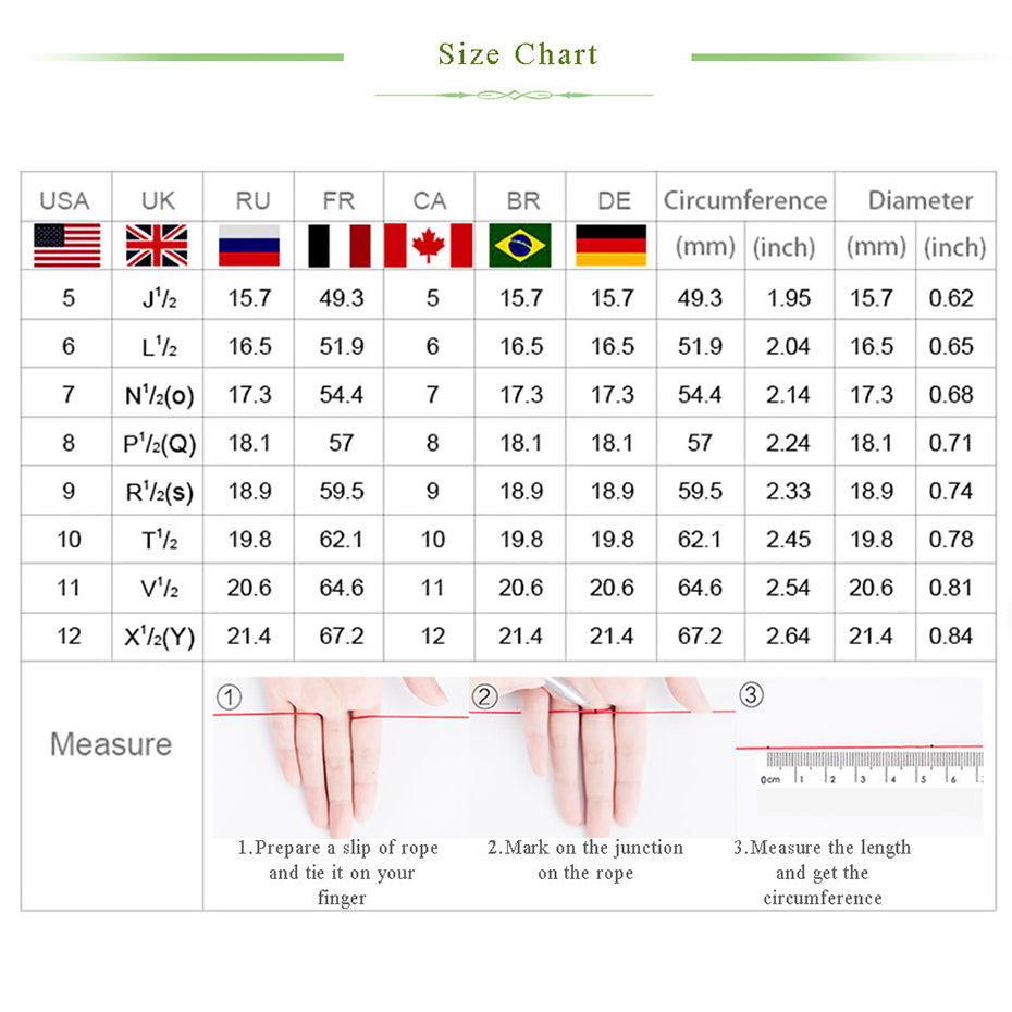 Size chart for measuring finger sizes with various country flags and measurement instructions.