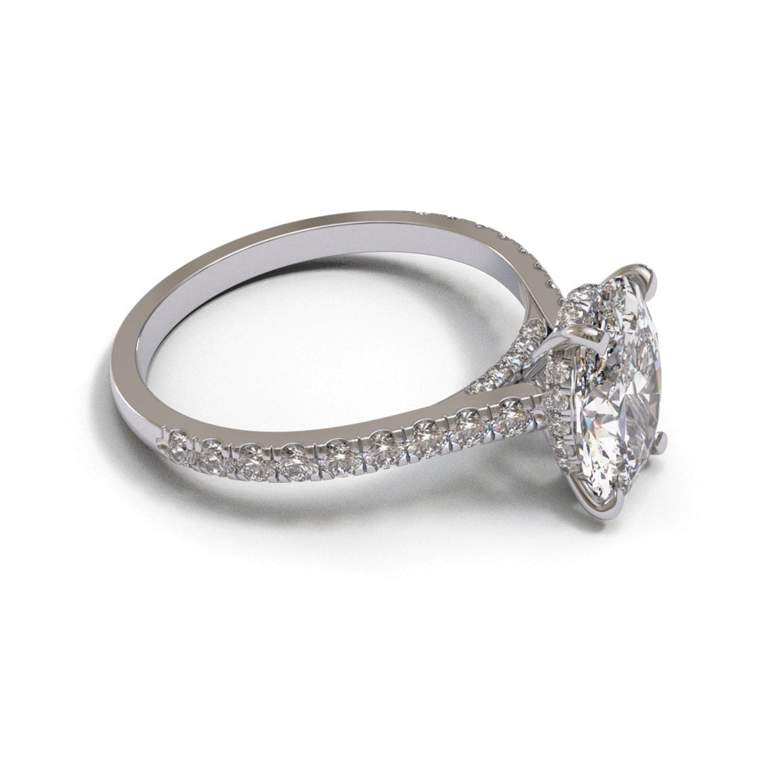 Oval Diamond Bridge Flat Cathedral Hidden Halo Pave 2mm band