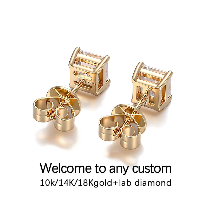 Gold earrings with lab diamonds on a white background