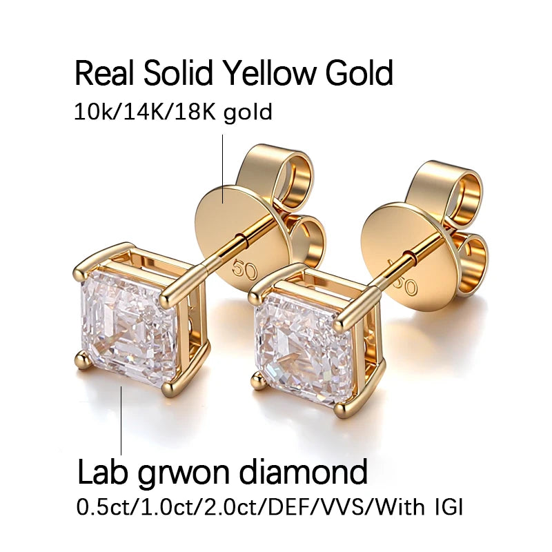 Gold stud earrings with lab-grown diamonds on a white background