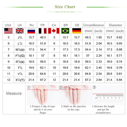 Size chart for measuring finger sizes with various country flags and measurement instructions.