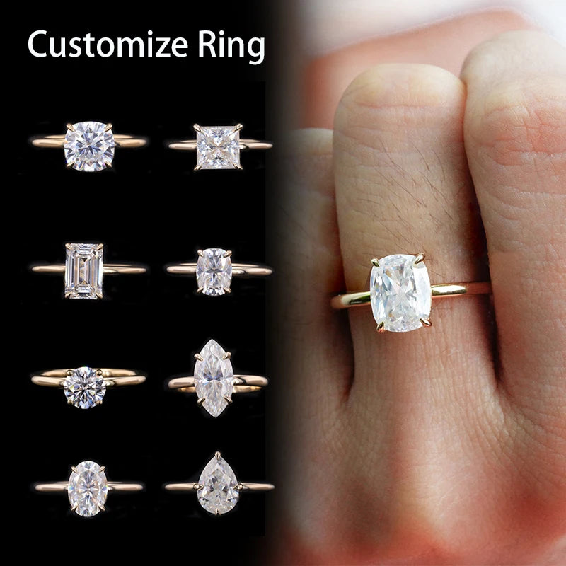 Collection of customizable diamond rings with various shapes on a black background, shown on a finger.