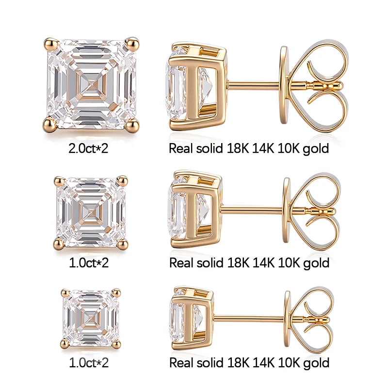 Gold earrings with diamond-like stones on a white background