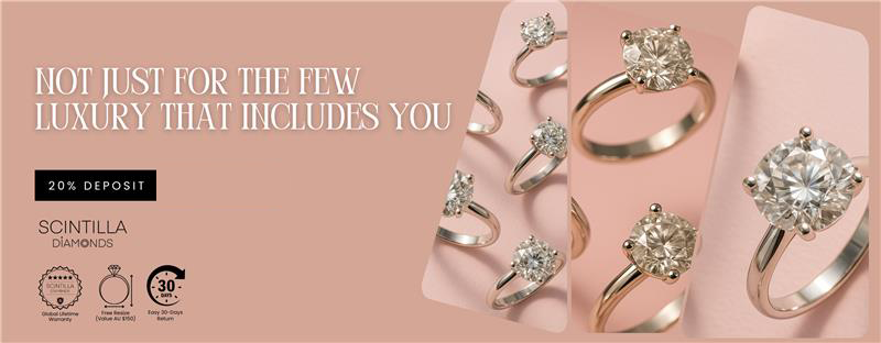 Diamond rings displayed on a pink background with promotional text.