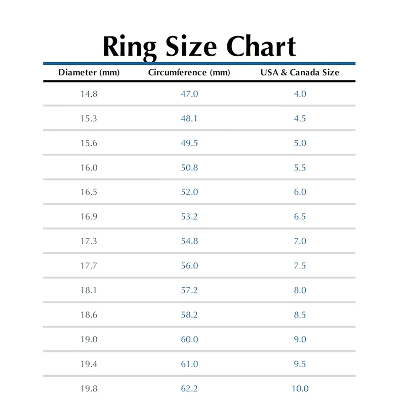Ring size chart with measurements in millimeters and corresponding USA & Canada sizes.