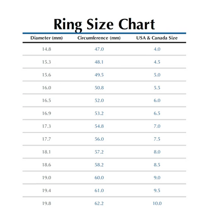 Ring size chart with measurements in millimeters and corresponding USA & Canada sizes.