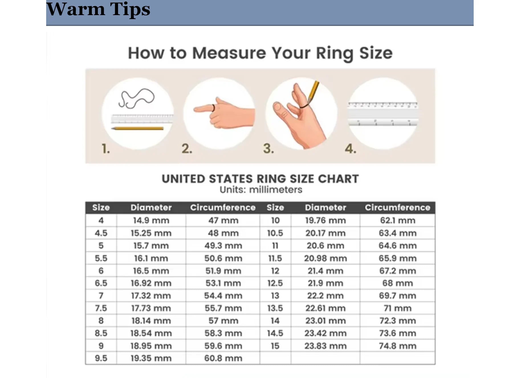 Ring size chart with instructions on how to measure ring size