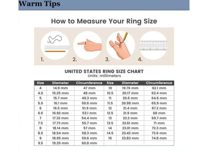 Ring size chart with instructions on how to measure ring size