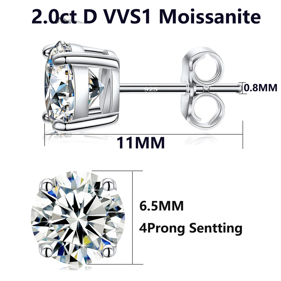 Moissanite stud earrings with detailed measurements on a white background