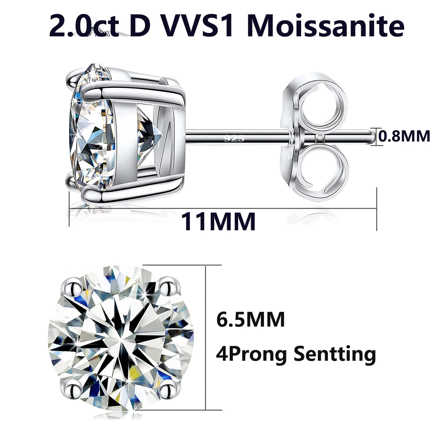 Moissanite stud earrings with detailed measurements on a white background