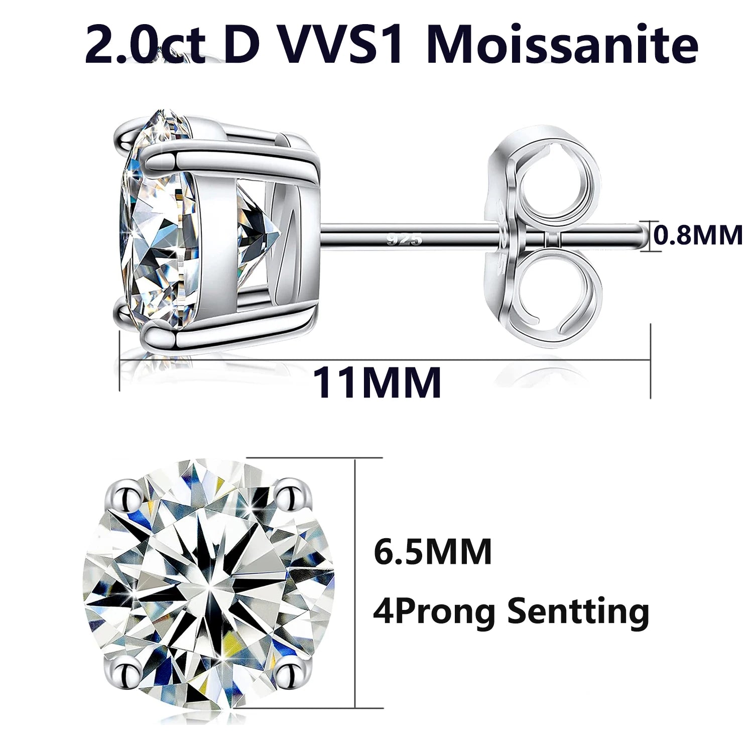 Moissanite stud earrings with detailed measurements on a white background