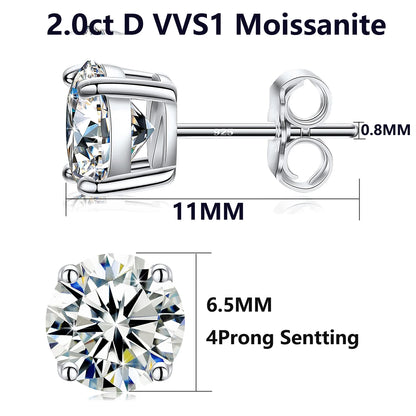 Moissanite stud earrings with detailed measurements on a white background