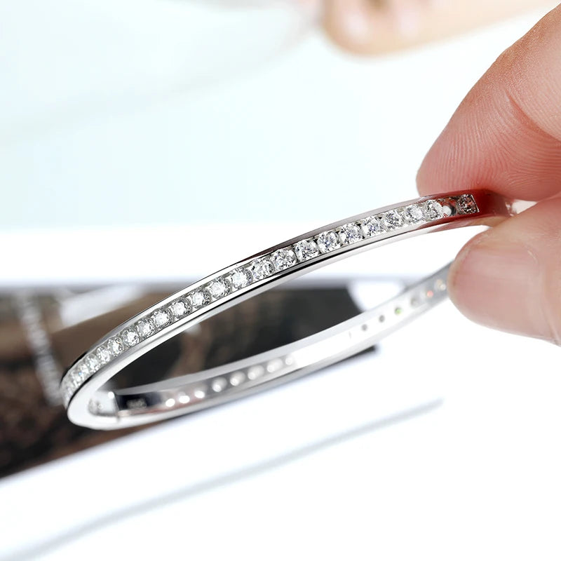 2.5mm All Moissanite Bangles Real S925 Stering Silver Spring Buckle Bracelets for Women Wedding Party Fine Jewelry Gift