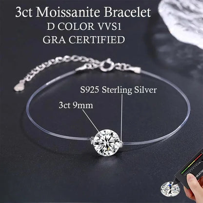 Moissanite Bracelet Transparent Fishing Line 925 Sterling Silver Bracelets for Women Lab Diamond GRA Certified Jewelry