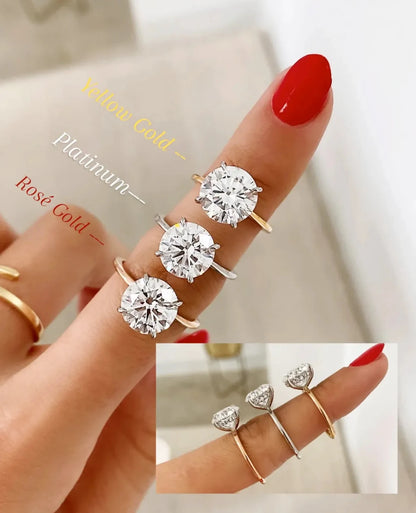 Diamond ring on a finger with 'Yellow Gold', 'Platinum', and 'Rose Gold' options.