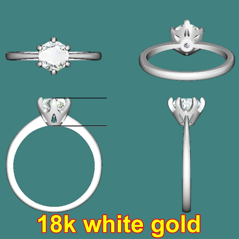 Four different designs of 18k white gold rings on a teal background.