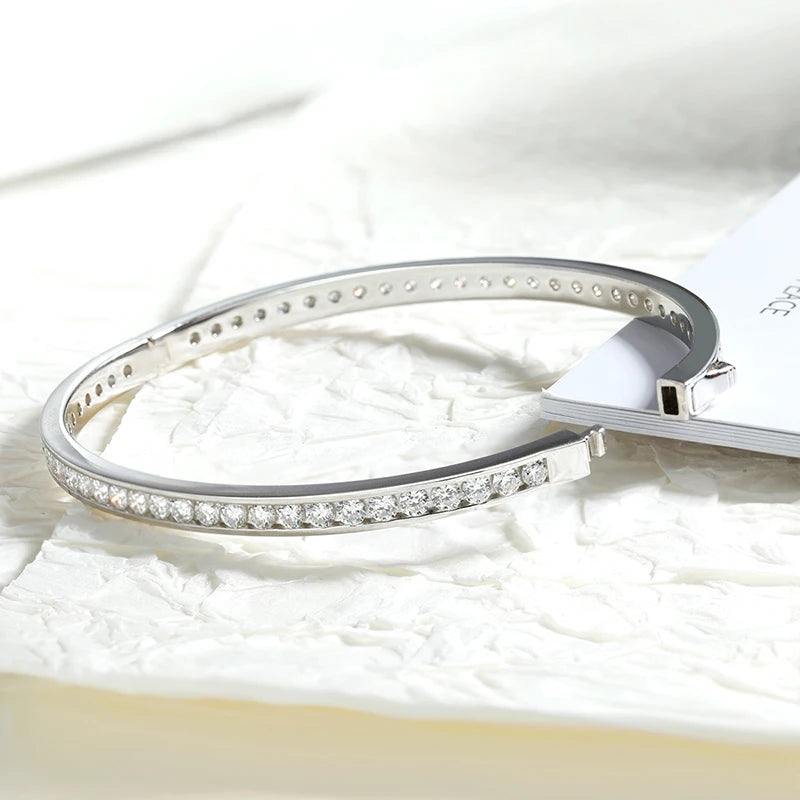 2.5mm All Moissanite Bangles Real S925 Stering Silver Spring Buckle Bracelets for Women Wedding Party Fine Jewelry Gift