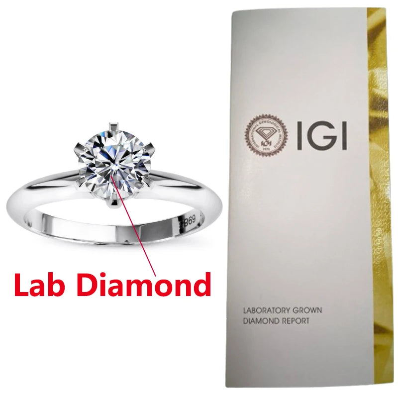 Diamond ring with 'Lab Diamond' label next to an IGI certification box on a white background