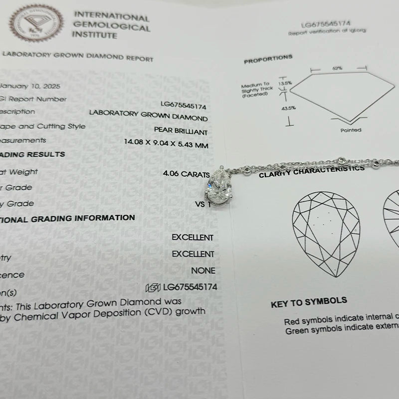 Laboratory grown diamond with International Gemological Institute report on a white background