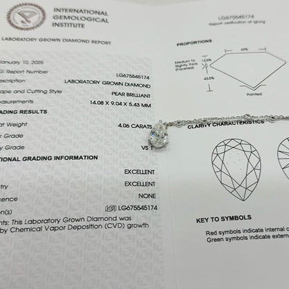 Laboratory grown diamond with International Gemological Institute report on a white background