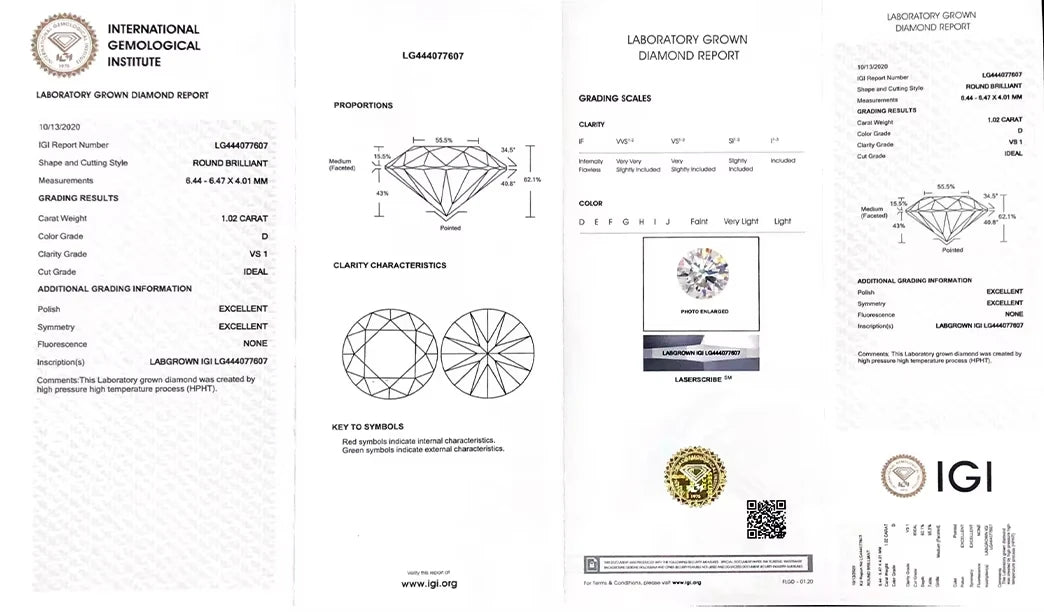 Laboratory grown diamond report with International Gemological Institute (IGI) certification.