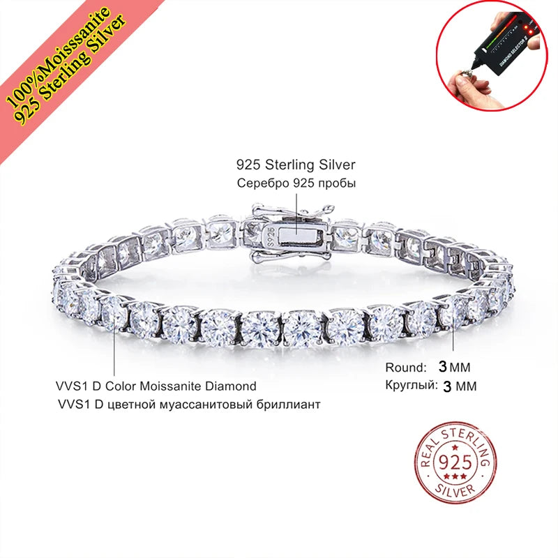 Real Moissanite Tennis Bracelet for Women Men 3.0mm with Certificates 925 Sterling Silver