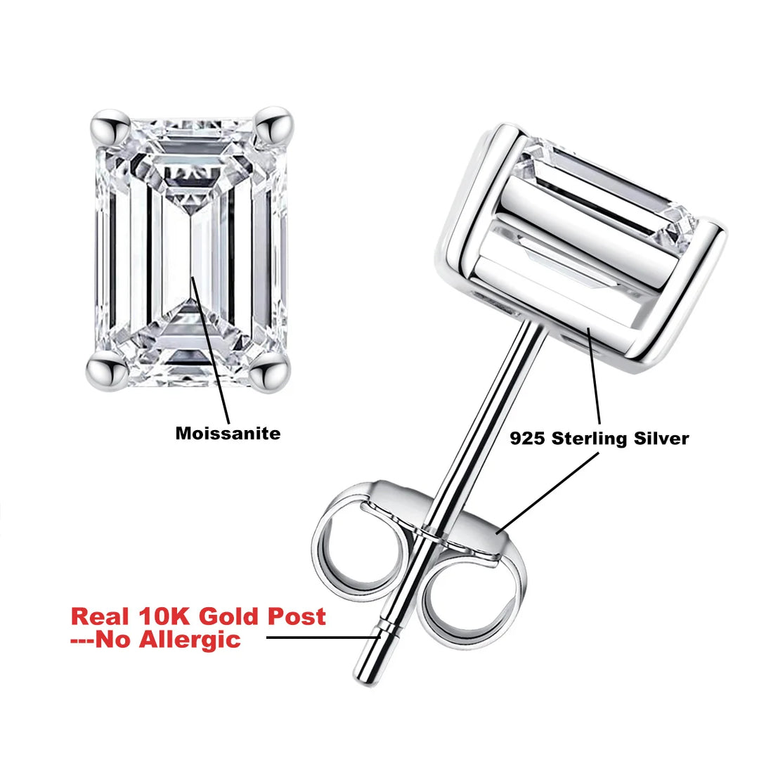 Diamond stud earrings with moissanite stones and 925 sterling silver posts on a white background.