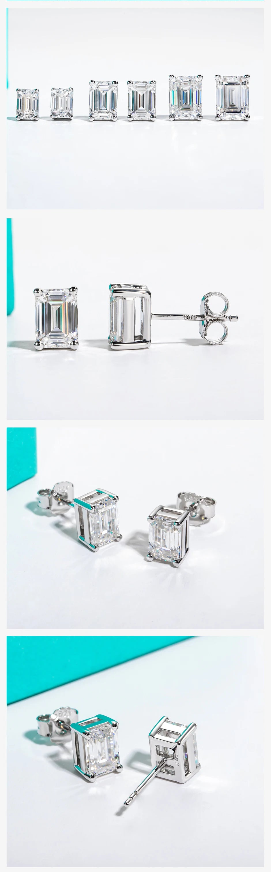 Silver square stud earrings on a white background with blue accents.