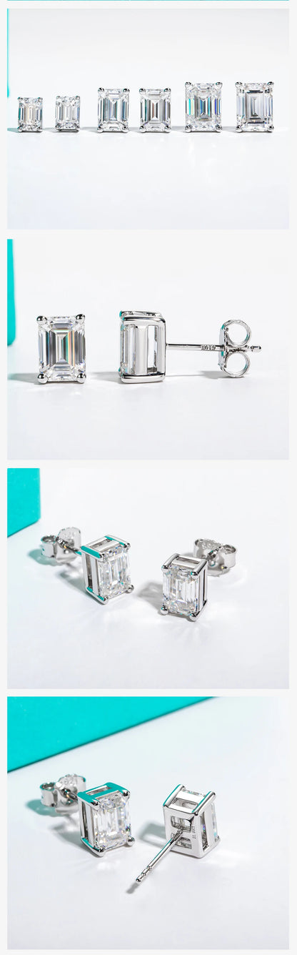 Silver square stud earrings on a white background with blue accents.