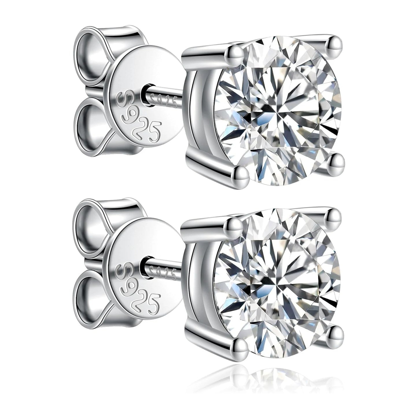 Pair of silver stud earrings with clear gemstones on a white background