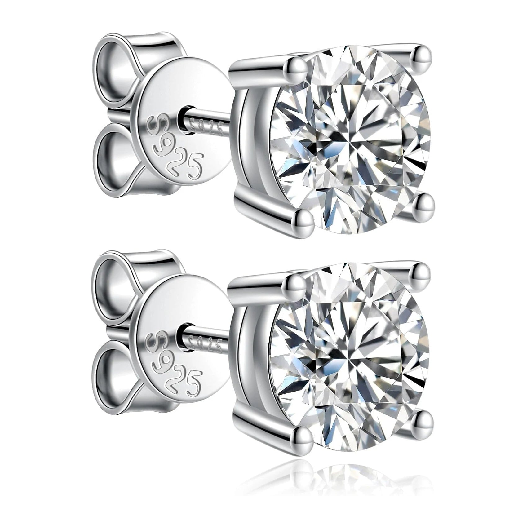 Pair of silver stud earrings with clear gemstones on a white background