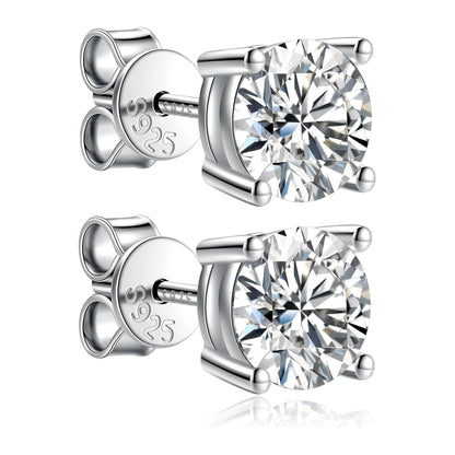Pair of silver stud earrings with clear gemstones on a white background