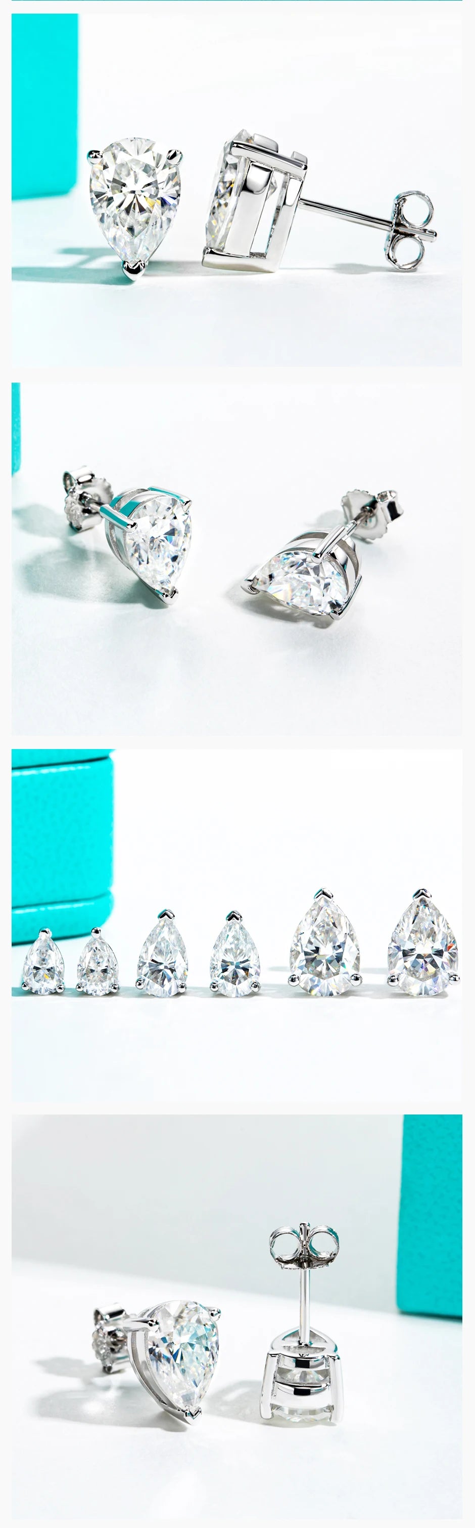 Collection of diamond stud earrings with a turquoise box in the background