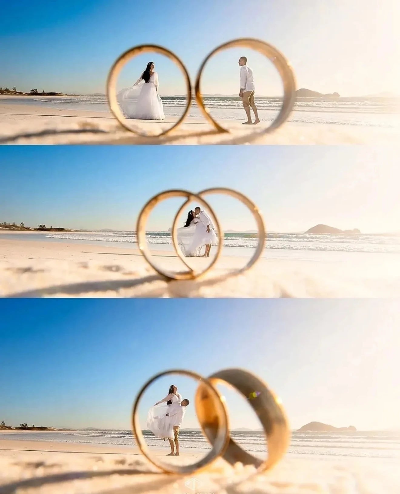 Three images of a couple on a beach with rings framing their reflection.