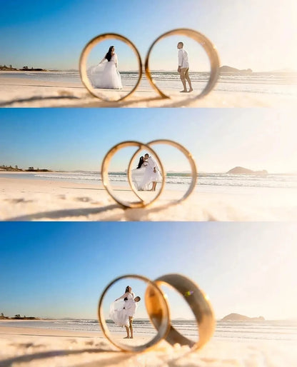 Three images of a couple on a beach with rings framing their reflection.