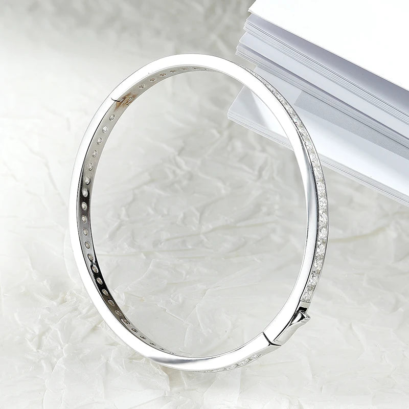 2.5mm All Moissanite Bangles Real S925 Stering Silver Spring Buckle Bracelets for Women Wedding Party Fine Jewelry Gift