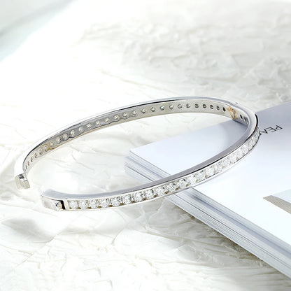 2.5mm All Moissanite Bangles Real S925 Stering Silver Spring Buckle Bracelets for Women Wedding Party Fine Jewelry Gift