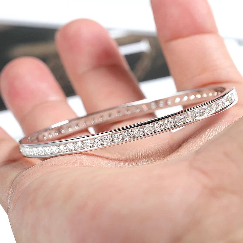 2.5mm All Moissanite Bangles Real S925 Stering Silver Spring Buckle Bracelets for Women Wedding Party Fine Jewelry Gift