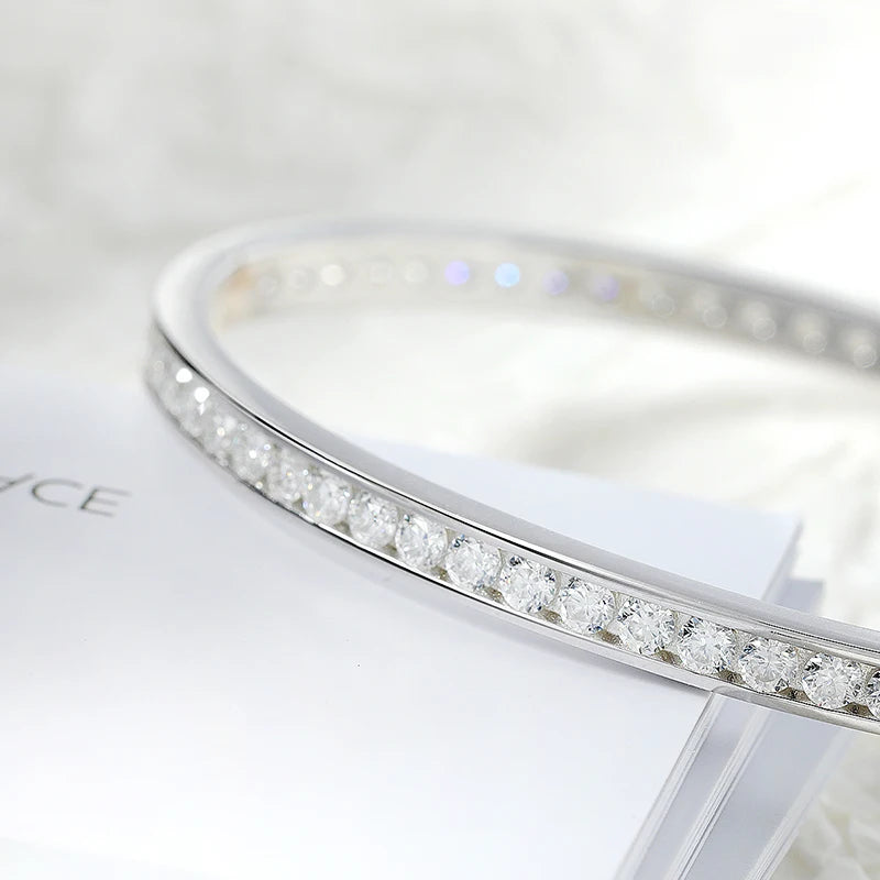 2.5mm All Moissanite Bangles Real S925 Stering Silver Spring Buckle Bracelets for Women Wedding Party Fine Jewelry Gift