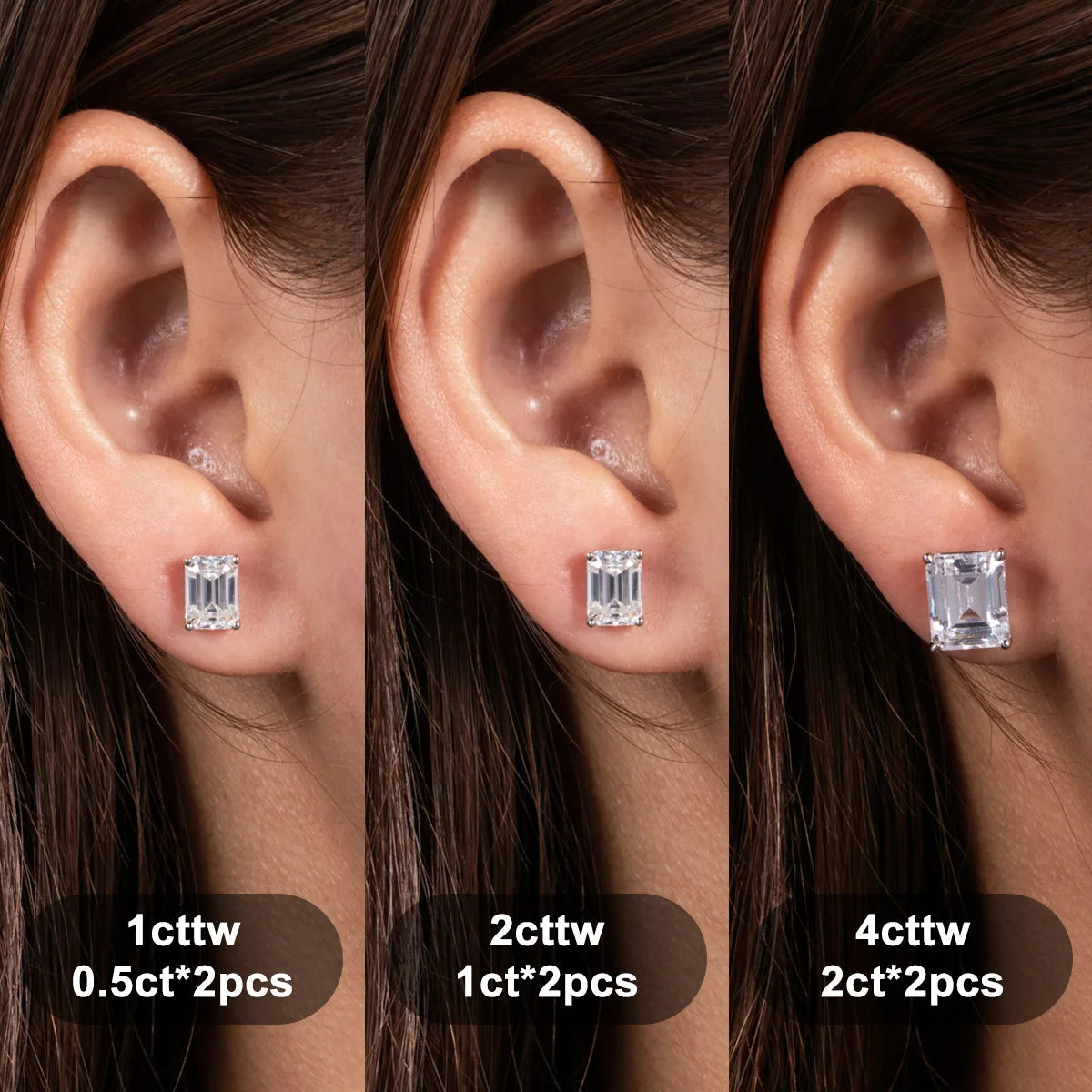 Three views of an ear wearing emerald-cut earrings with different carat weights.