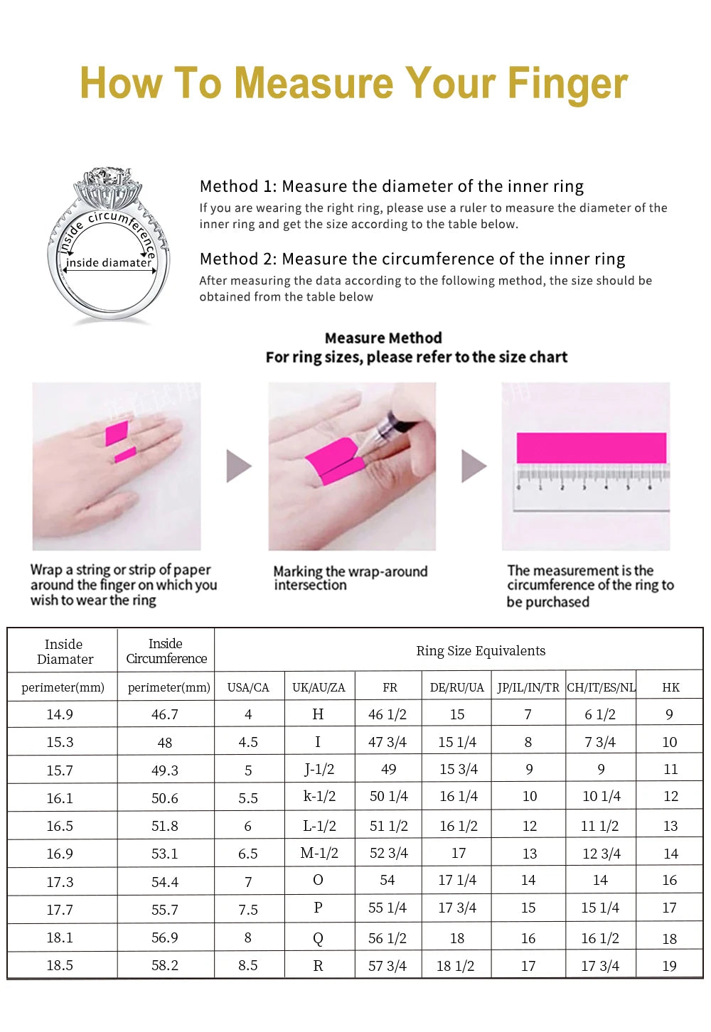 Instructions on how to measure finger size for rings with visual steps and a size chart.