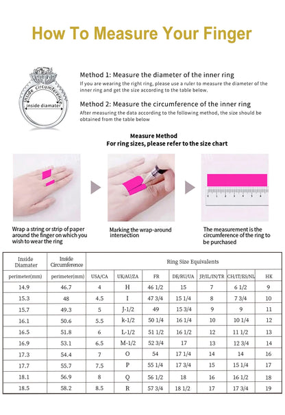 Instructions on how to measure finger size for rings with visual steps and a size chart.