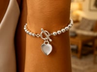 Sterling Silver Rhodium Plated Bead Toggle Heart Bracelet